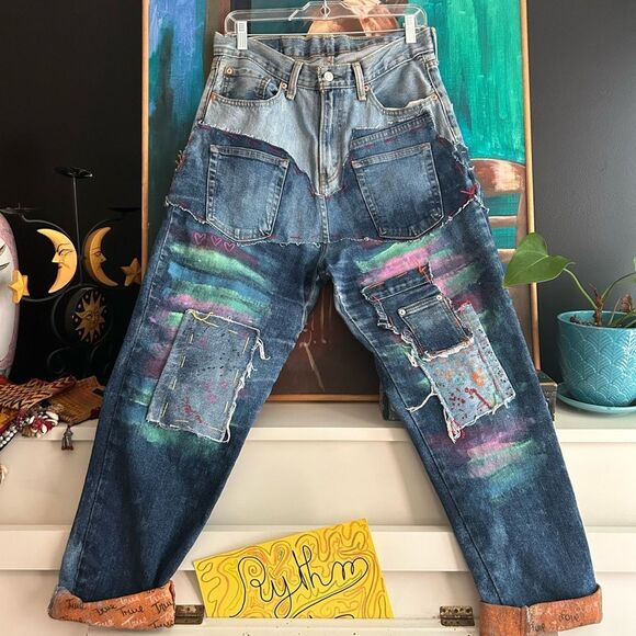 Levi's Other - Upcycled Frayed Patchwork Jeans 33" Waist Handmade Streetwear Pants Painted
